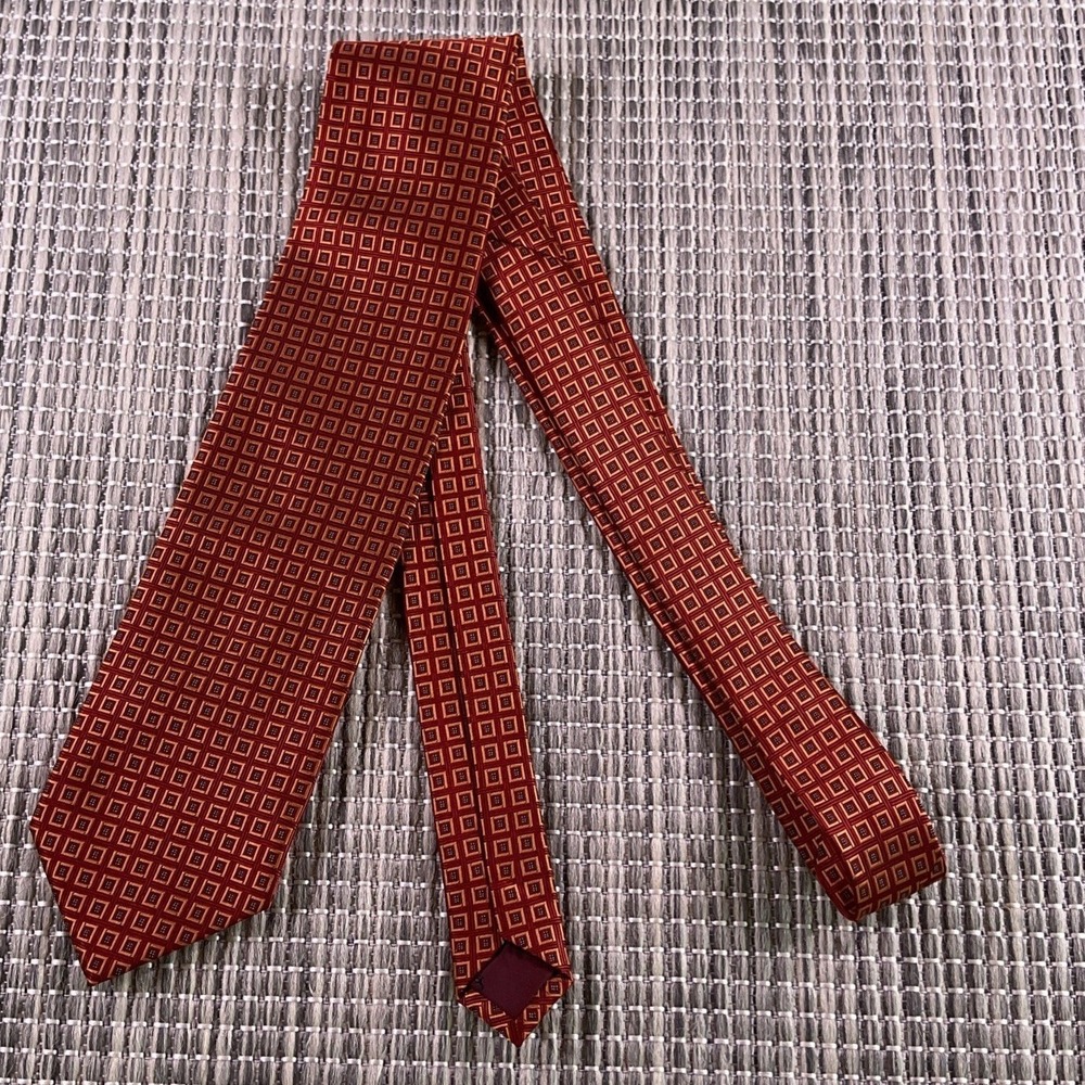 GQ Mens Silk Necktie Red Orange Geometric Square Pattern Classic Formal Tie